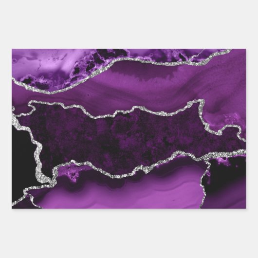 Paars en Faux Silver Glitter Marble Agate Inpakpapier Vel (Voorkant)