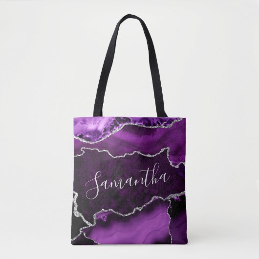 Paars en Faux Silver Glitter Marble Agate Tote Bag (Voorkant)