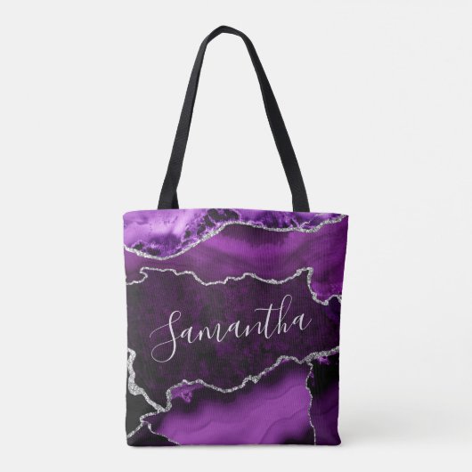 Paars en Faux Silver Glitter Marble Agate Tote Bag (Achterkant)