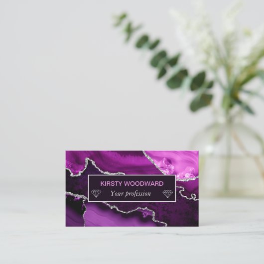 Paars en Faux Silver Glitter Marble Agate Visitekaartje (Staand voorkant)