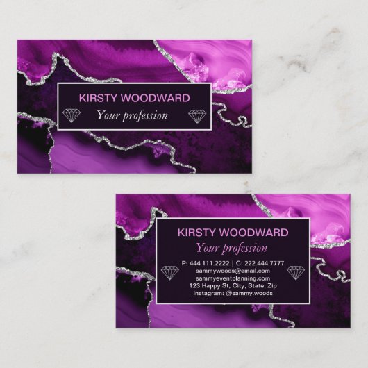 Paars en Faux Silver Glitter Marble Agate Visitekaartje (Voorkant / Achterkant)