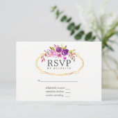 Paars en gewelddadige Waterverf Floral Wedding RSV RSVP Kaartje (Staand voorkant)