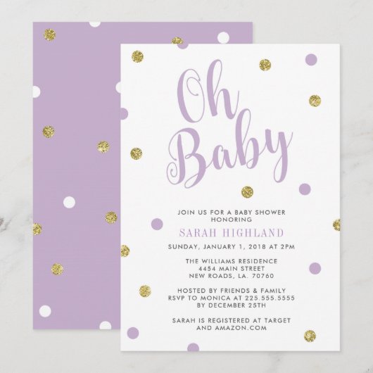 Paars en Glitter Oh Baby shower Kaart (Voorkant / Achterkant)