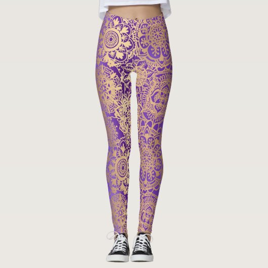 Paars en Gold Boho Mandala Pattern Yoga Leggings (Voorkant)