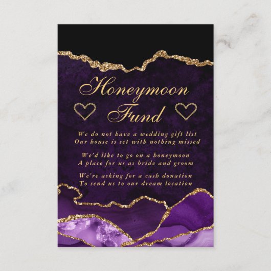 Paars en Gold Faux Glitter Agate Honeymoon Fund Informatiekaartje (Voorkant)
