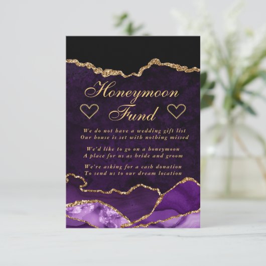 Paars en Gold Faux Glitter Agate Honeymoon Fund Informatiekaartje (Staand voorkant)