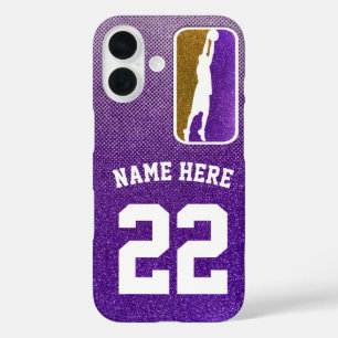 Paars en Gold Glitter Basketball Team Jersey iPhone 16 Hoesje
