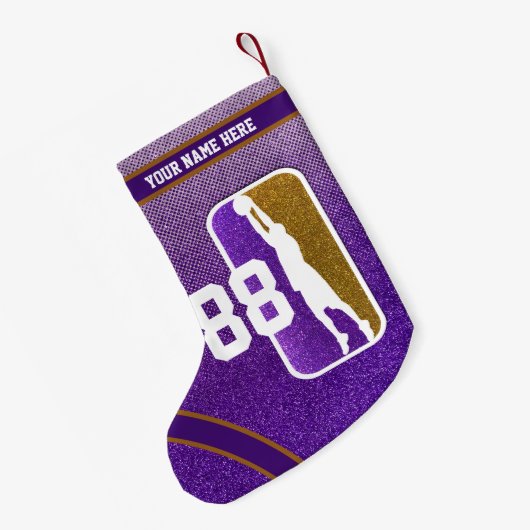 Paars en Gold Glitter Basketball Team Jersey Kleine Kerstsok (Achterkant (Hangend))