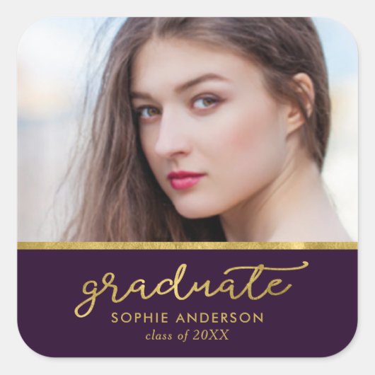 Paars en Gold Photo Afstuderen Afstuderen Vierkante Sticker (Voorkant)