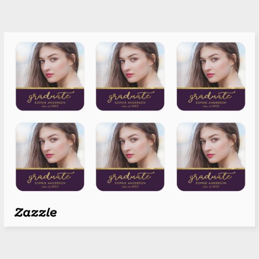 Paars en Gold Photo Afstuderen Afstuderen Vierkante Sticker (Vel)