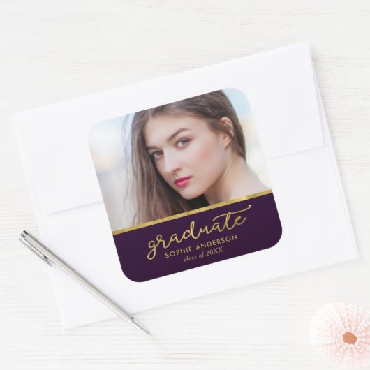 Paars en Gold Photo Afstuderen Afstuderen Vierkante Sticker (Envelop)