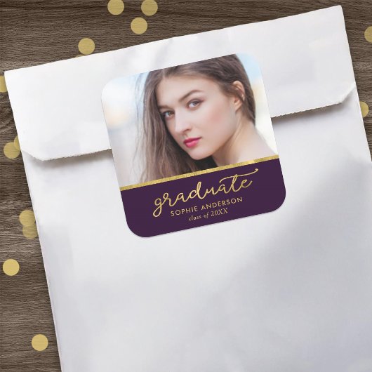 Paars en Gold Photo Afstuderen Afstuderen Vierkante Sticker