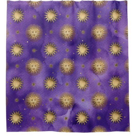 Paars en Gold Sun Celestial Douchegordijn (Voorkant)