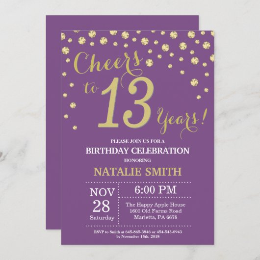 Paars en goud 13e verjaardag Diamond Kaart (Voorkant / Achterkant)
