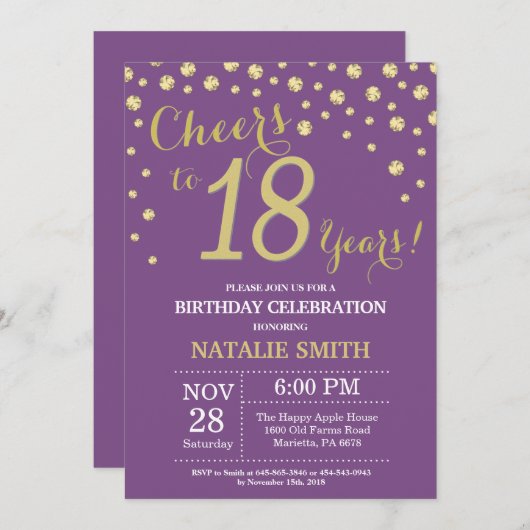 Paars en goud 18e verjaardag Diamond Kaart (Voorkant / Achterkant)
