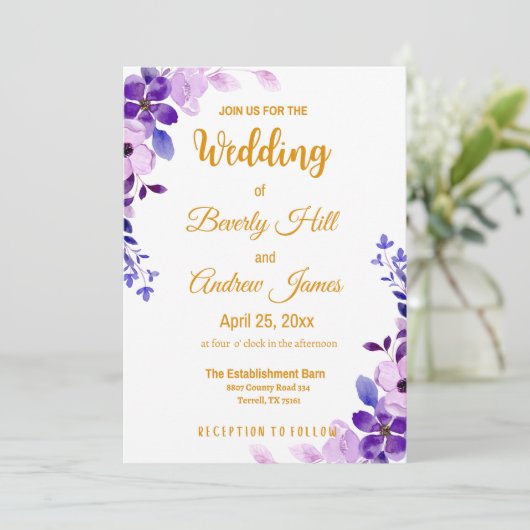 Paars en goud aanpasbaar lentetrouwfeest kaart (Staand voorkant)