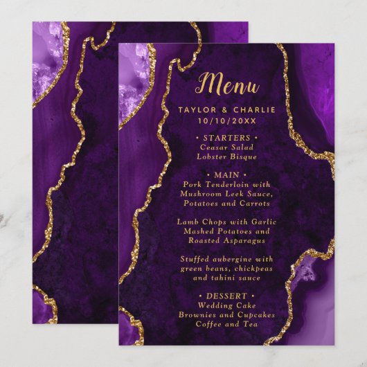 Paars en Goud Agaat Huwelijksmenu Menu (Voorkant / Achterkant)