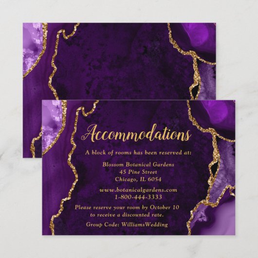 Paars en Goud Agate Trouwaccommodaties Informatiekaartje (Voorkant / Achterkant)