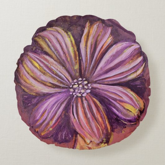 Paars En Goud Bloemrijk Waterverf Levendig Stout Rond Kussen (Voorkant)