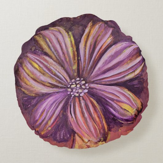 Paars En Goud Bloemrijk Waterverf Levendig Stout Rond Kussen (Achterkant)