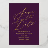 Paars en Goud Calligraphy Foto Save the Date Folie Uitnodiging (Voorkant)