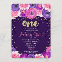 paars en goud eerste verjaardag uitnodiging