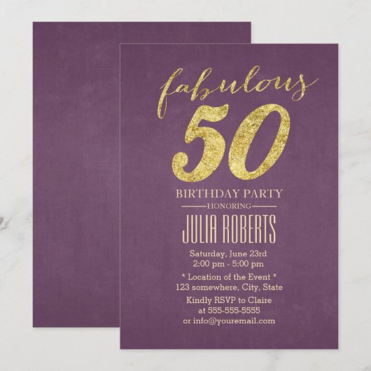 Paars en goud - Fabulous 50 zaterdag Kaart (Voorkant / Achterkant)