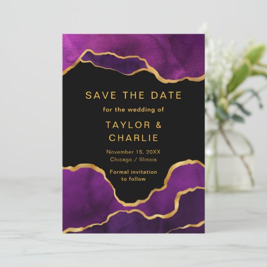 Paars en goud geschilderde agaat Save the Date (Staand voorkant)