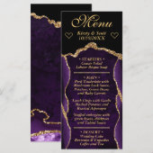 Paars en Goud Glitter Agate Marmer Bruiloft Menu (Voorkant / Achterkant)
