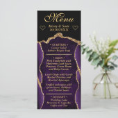 Paars en Goud Glitter Agate Marmer Bruiloft Menu (Staand voorkant)