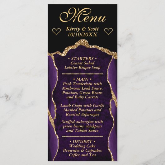 Paars en Goud Glitter Agate Marmer Bruiloft Menu (Voorkant)