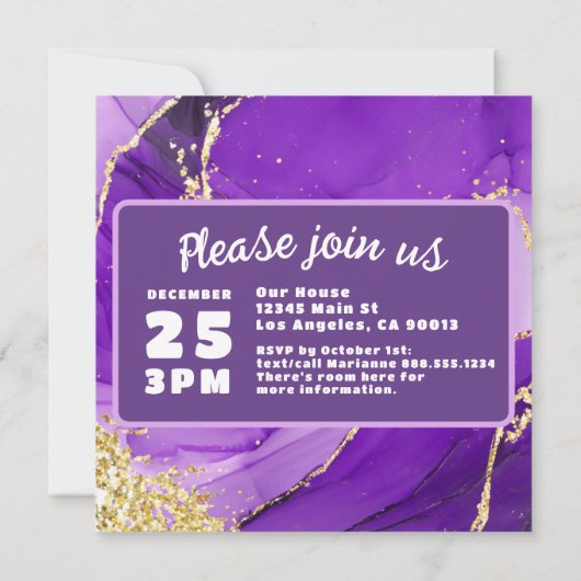 Paars en Goud Luxe Marmer Fancy Bruiloft Save The Date (Achterkant)