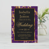 Paars en goud marmer en zwart uitnodiging (Staand voorkant)