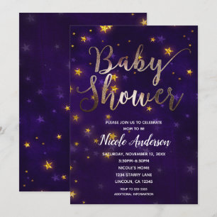 Paars en Goud Nacht Onder De Sterren Baby Shower Kaart
