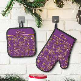 Paars en Goud Persoonlijk gemaakt Ovenwant & Pannenlap Set