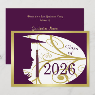 Paars en Goud Silhouet 2026 Afstudeerfeest Kaart