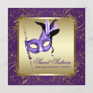 Paars en Goud Sweet Sixteen Maskerade Feestje Kaart