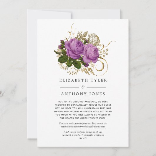 Paars en goud vintage chic verkleinde gastlijst aankondiging (Voorkant)