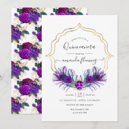 Paars en goud vintage pauw bloemige Quinceañera Kaart