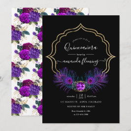 Paars en goud vintage pauw bloemige Quinceañera Kaart