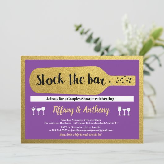 Paars en goud, voor de bar-uitnodigingen kaart (Staand voorkant)