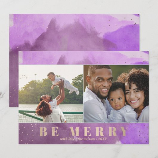 Paars en goud wees vrolijk Abstract Meerdere foto' Feestdagenkaart (Voorkant / Achterkant)
