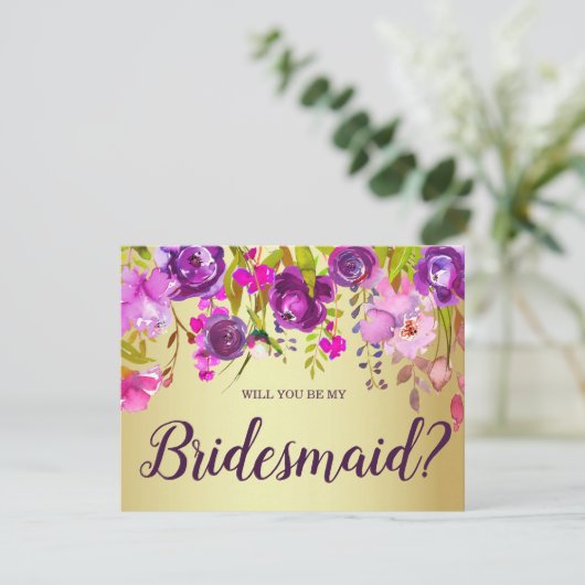 Paars en Goud Wil je mijn Bruidsmeisje zijn Kaart (Staand voorkant)