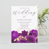 Paars en goudbloem Moderne bruiloft Kaart (Staand voorkant)