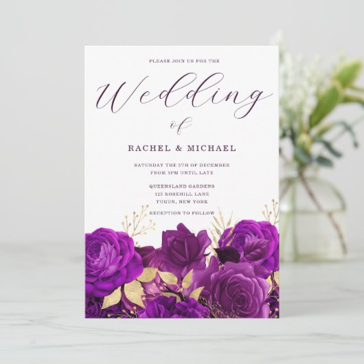 Paars en goudbloem Moderne bruiloft Kaart (Staand voorkant)