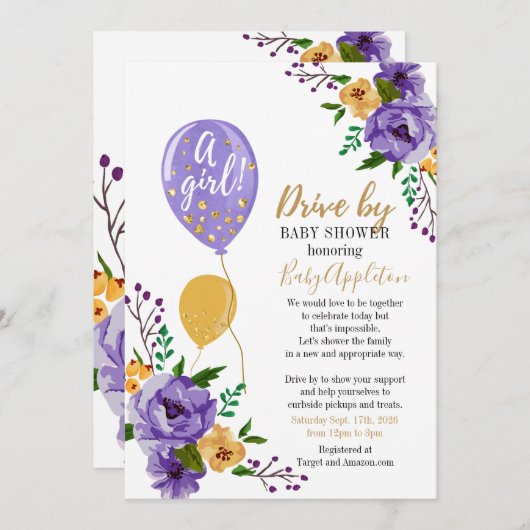 Paars en goudbloem per Baby shower Kaart (Voorkant / Achterkant)