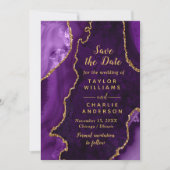 Paars en Gouden Agate Marmer Save The Date Kaart (Voorkant)