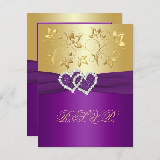 Paars en gouden bloemen antwoordkaart RSVP kaartje (Voorkant / Achterkant)