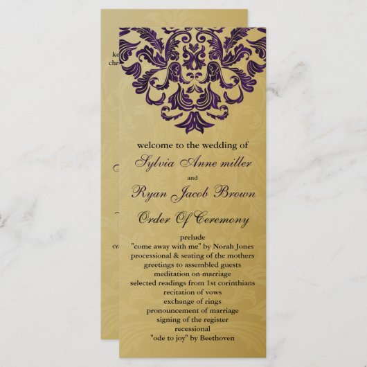 paars en gouden bruiloft programmakaart (Voorkant / Achterkant)