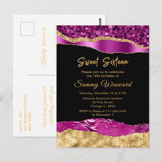 Paars en gouden glam tranen Sweet Sixteen Briefkaart (Voorkant / Achterkant)